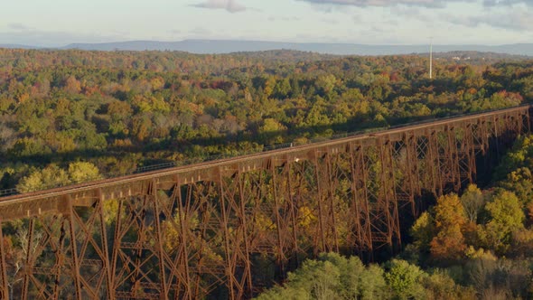 Aerial of railroad bridge amidst autumn forest