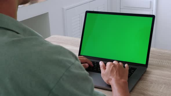 Business Man Freelancer Working at Laptop Computer From Home Green Screen Chroma Key