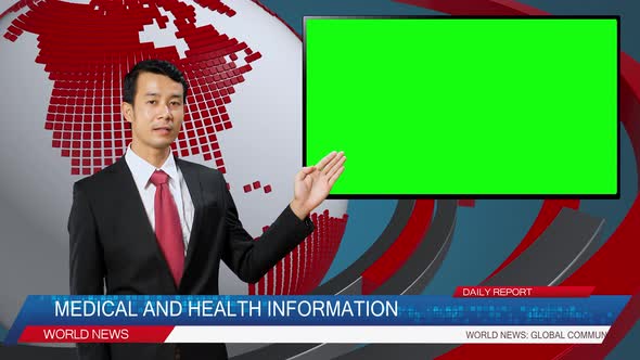 News Studio With Asian Male Reporting On Medical And Health, Video Story Show Green Chroma Key