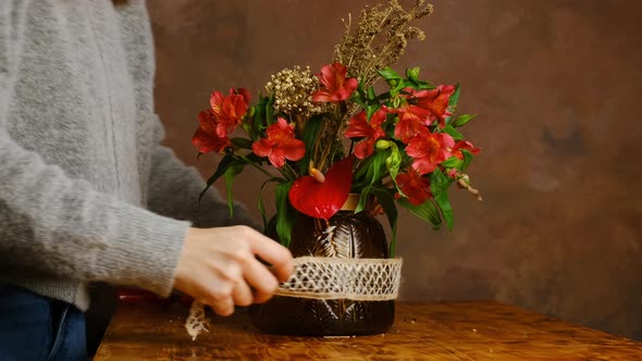 Florist Makes Flower Arrangement for Valentine's Day