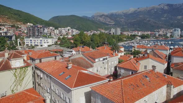 Flying Above Palm Trees And European Old Town