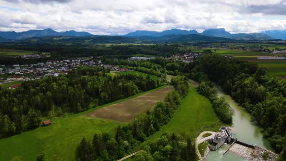 Village with an River with Forest Drone Video