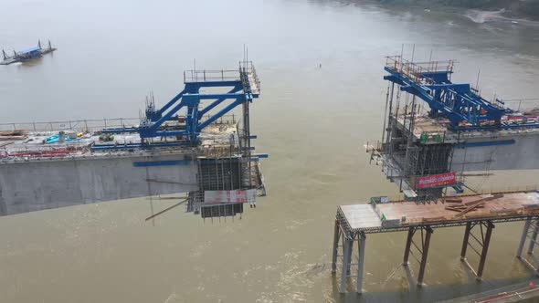 Aerial View Of Construction High-Speed Train Crossing Mekong River