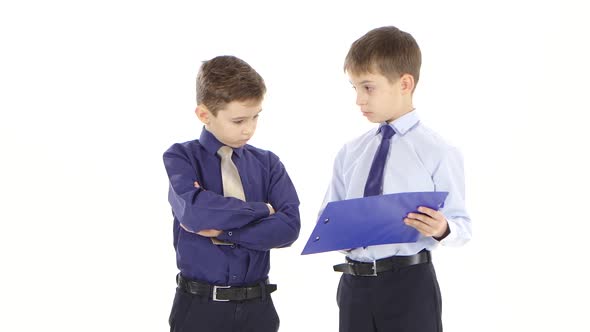 Businessmen Teenagers Discuss Working Issues and Argue on White Studio