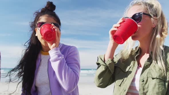 Happy group of diverse female friends having fun, having picnic at the beach