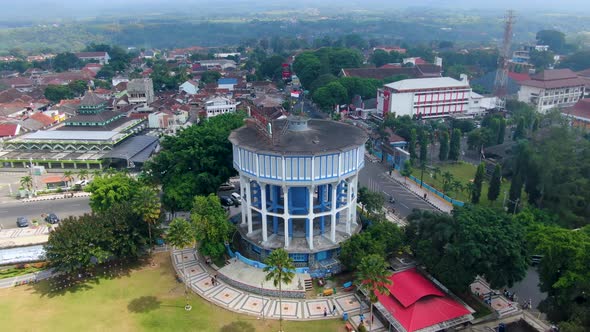 Water Tower in Magelang town square, Indonesia. Aerial circling