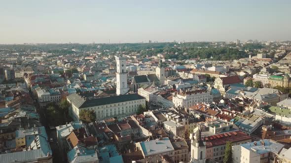 Aerial City Lviv, Ukraine. European City. Popular Areas of the City. Town Hall