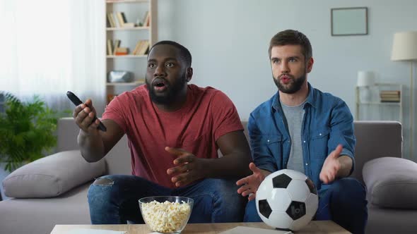 Multiethnic Guys Watching Football Match, Frustrated by Defeat of Favourite Team