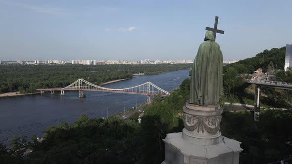 The Architecture of Kyiv. Ukraine: Monument To Volodymyr the Great. Aerial View, Slow Motion