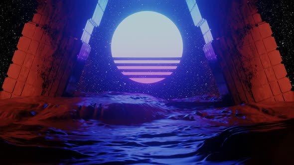 Cyberspace Tunnel with Rocks and Sun