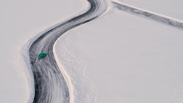 Aerial View of a Racing Car at an Ice Rally