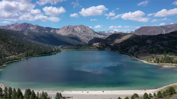 Aerial View Of June Lake With Mountain Landscape At Summer In Mono, California, USA.