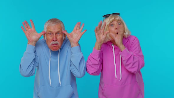 Cheerful Senior Grandparents Pensioners Showing Tongue Making Faces at Camera Fooling Around Joking