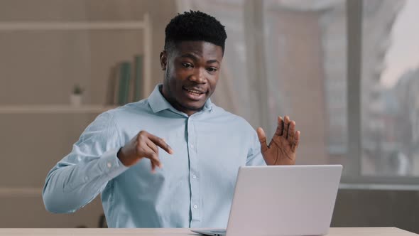 African American Man Adviser Male Teacher Worker Expert Talk at Webcam Give Advice Support Computer