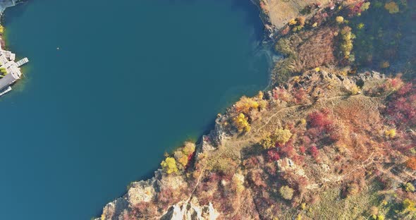 Panoramic Top View Quarry Artificial Lakes in Autumn Season