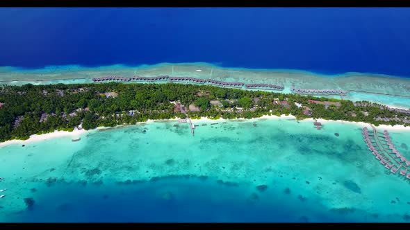 Aerial top down tourism of tropical island beach wildlife by blue water with bright sandy background