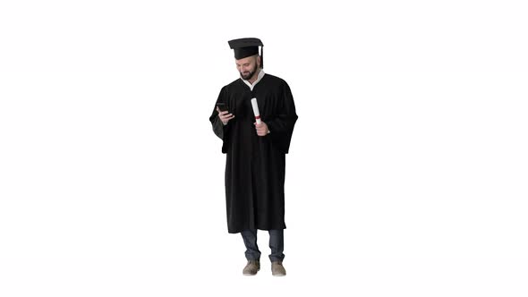 Graduate Student Texting on the Phone on White Background