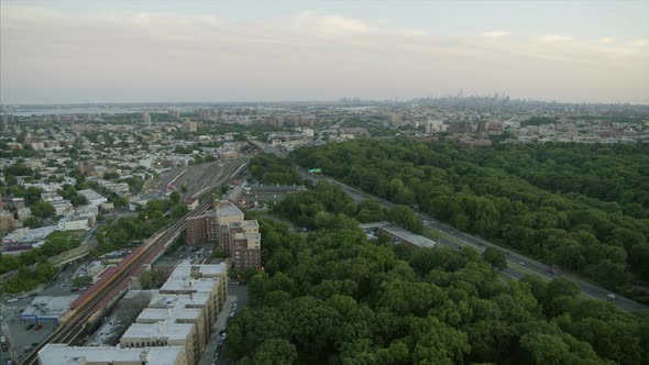 Aerial Pan Shot of Bronx River Parkway and NYC Skyline