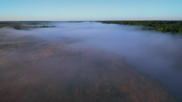 Flying above a misty plain in the morning