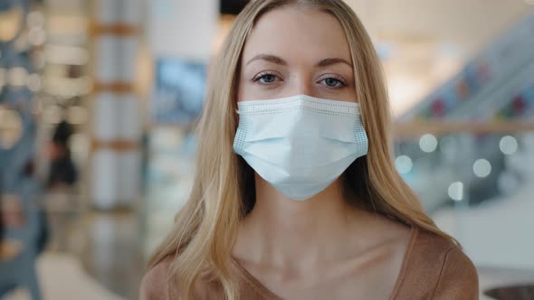 Portrait Caucasian 30s Millennial Girl Blond Woman Businesswoman in Medical Protective Face Mask