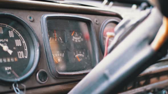 Old Truck Dashboard, Speedometer, and Other Indicators. Vintage Military Vehicle