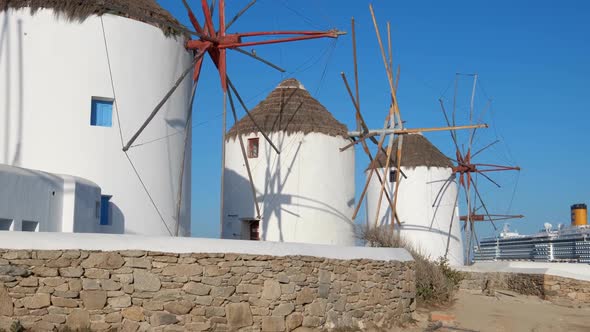 Traditional Greek Windmills on Mykonos Island at Sunrise, Cyclades, Greece