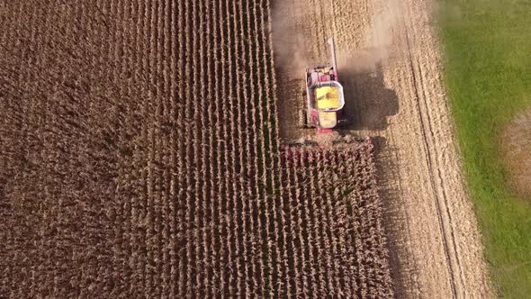 Bird's Eye View Of Combine Harvester In Action, Harvesting Corn In Southeast Michigan - aerial drone