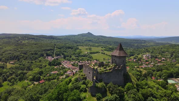 Aerial view of Somoska Castle in the village of Siatorska Bukovinka in Slovakia