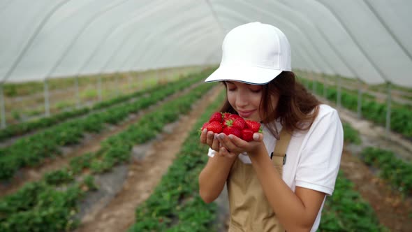 Woman Admiring Handful Fresh Strawberries