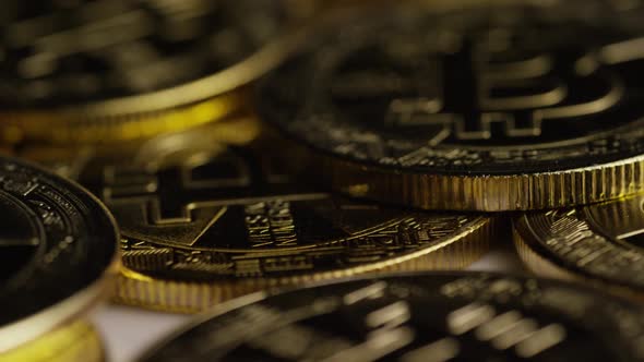 Rotating shot of Bitcoins (digital cryptocurrency) - BITCOIN 0324