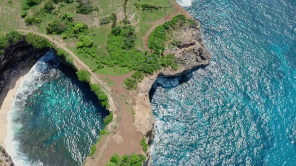 Top Down Aerial View of Beautiful Island, Ocean, Beach, Nusa Penida