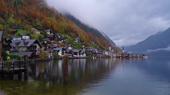 Traditional Homes near Lake in Famous Hallstatt Village in Salzkammergut Area, Austria