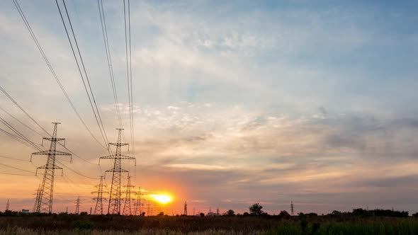 Orange Sunset And Power Lines, Time Lapse, 4k