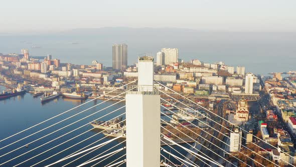 Pylon of the Cablestayed Bridge From the Air at Dawn