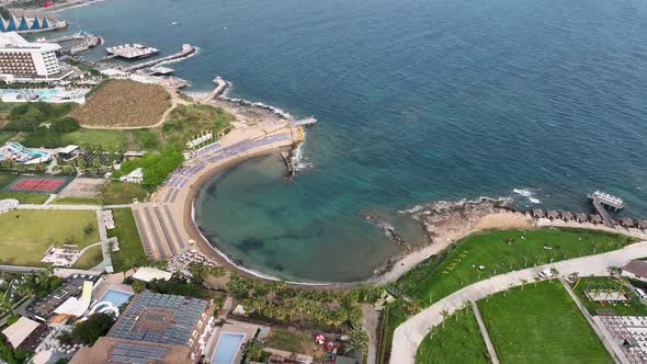 Beach Infrastructure of hotels aerıal vıew Turkey Alanya 4K