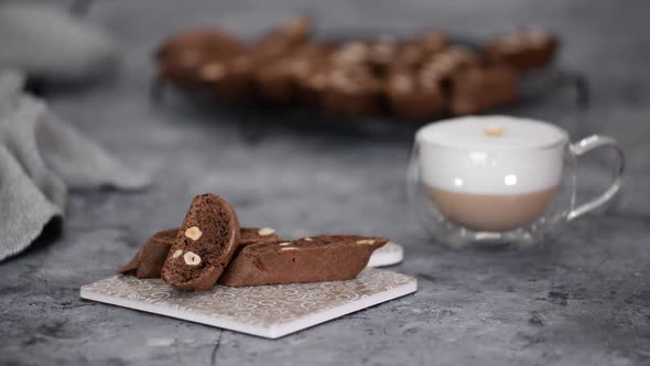 Close up of homemade chocolate and hazelnuts cookies, traditional italian biscotti or cantucci.	