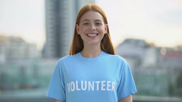 Red-Haired Female Teenager Smiling Camera, College Volunteer Project, Kindness