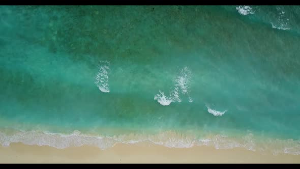 Aerial top view scenery of tranquil coastline beach wildlife by blue lagoon with white sand backgrou