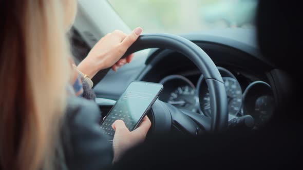 Checking Email Chats And Reading News. Female Writing Message In Vehicle On Social Network Chats.