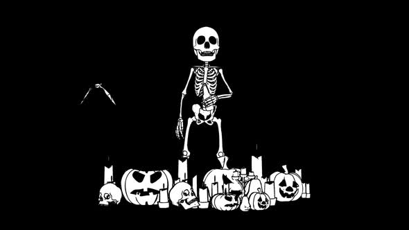 Cartoon drinking skeleton with pumpkins with alpha