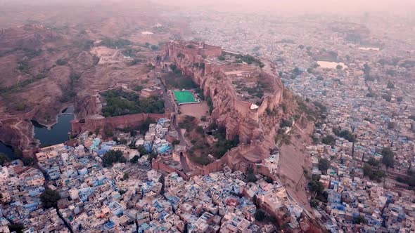 Aerial view Drone 4k of Blue City And Mehrangarh Fort In Jodhpur