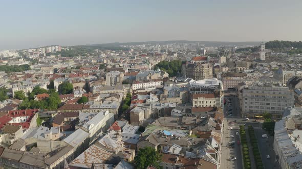 Aerial Drone Video of European City Lviv, Ukraine, Rynok Square, Central Town Hall, Dominican Church