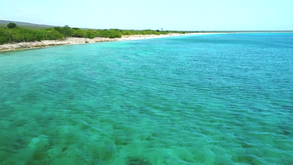 Low flight over transparent waters of Bahia de las Aguilas. Dominican Republic