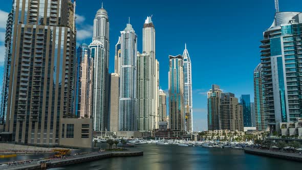 View of Dubai Marina Towers and Canal in Dubai Timelapse Hyperlapse