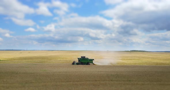 Combine Harvester In The Field Harvests Cereals