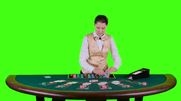 Casino Croupier Standing Behind the Semicircular Desk in a White Shirt Distributes for Table Poker