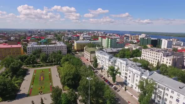 Aerial City View of Big Russian Town at Summer Day Sunny Weather Camera is Flying