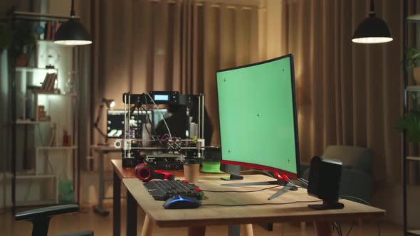 3D Printer And Personal Computer With Mock Up Green Screen Display In Home Office