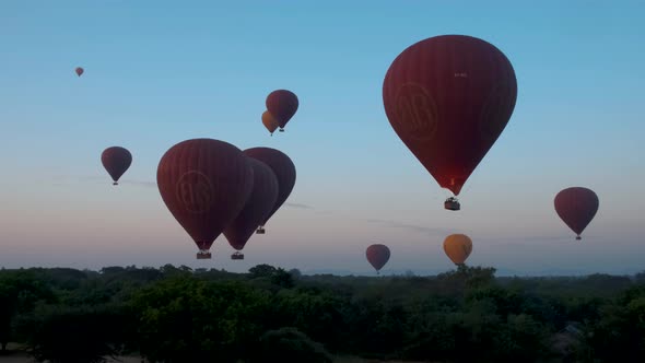 Bagan Myanmar Hot Air Balloon During Sunrise Above Temples and Pagodas of Bagan Myanmar Sunrise