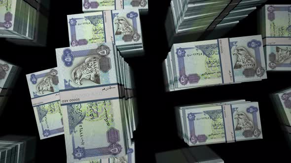 Flight over the Arab Emirates Dirhams money banknote packs loop